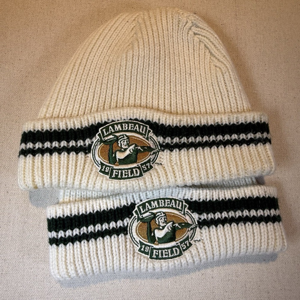 VTG Lambeau Field Green Bay Packers NFL 2 Matching Knit Winter Beanies Warm Knit